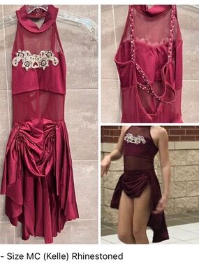 Burgundy Rhinestone Dance Costume with Sheer Mesh